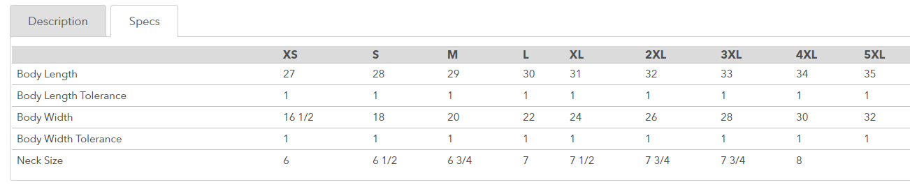 Size chart